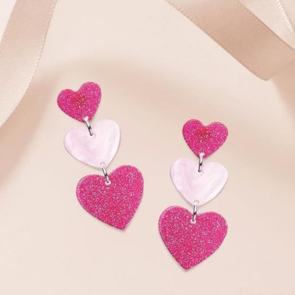 Heart Earrings Dangle Drop Dangling Ladies Girl Pink Valentines Jewelry Gift - Picture 2 of 10